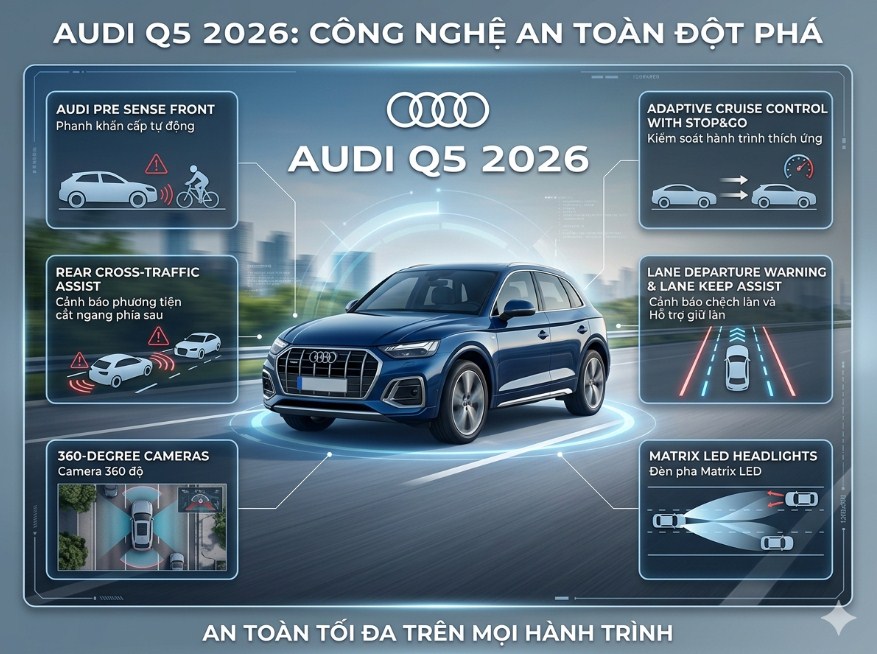 Audi Q5 2026 có những công nghệ an toàn gì? – Hệ thống an toàn chủ động và bị động đẳng cấp